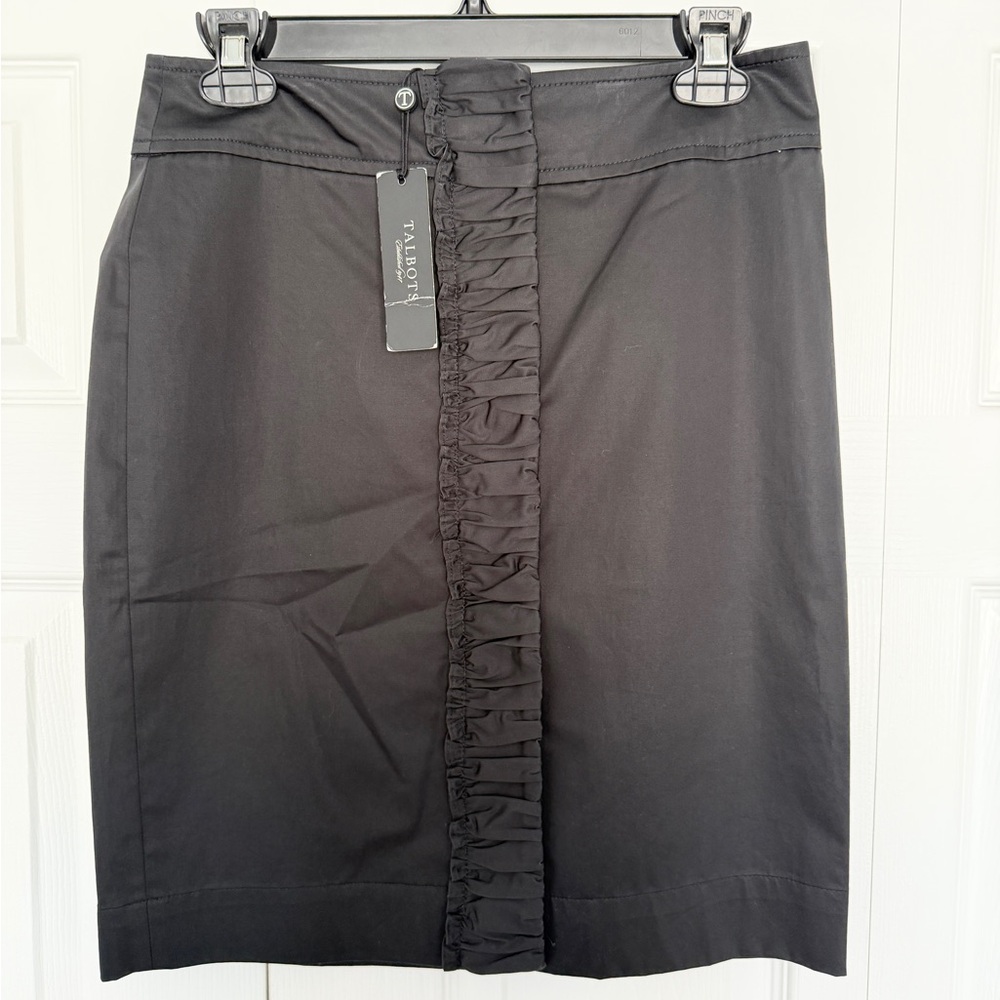 Talbots Petites Black Ruffle Front Skirt 2P NWT Stretch Pencil Career